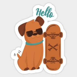 Cool Dog with skateboard say Hello Sticker